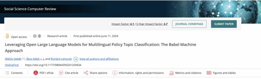 New publication on the Babel Machine by Miklós Sebők, Ákos Máté, Orsolya Ring, Viktor Kovács and Richárd Lehoczki in Social Science Computer Review