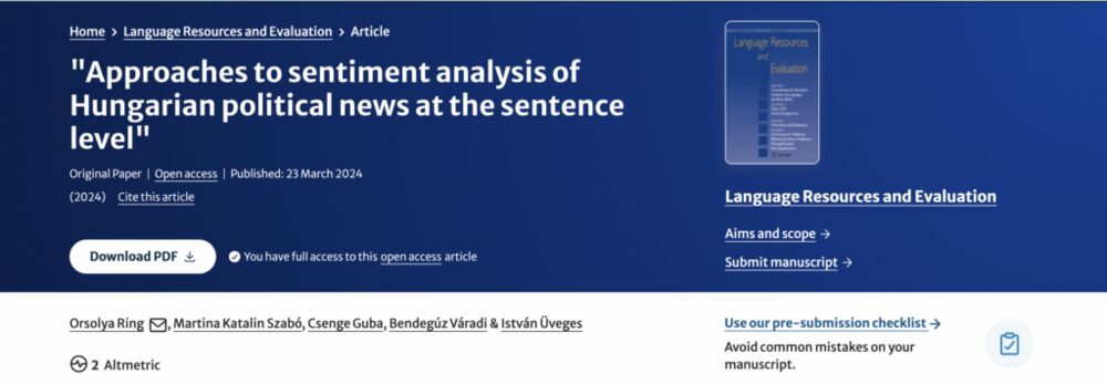 New publication by Orsolya Ring, István Üveges et al. in Language Resources and Evaluation about sentiment analysis of Hungarian news